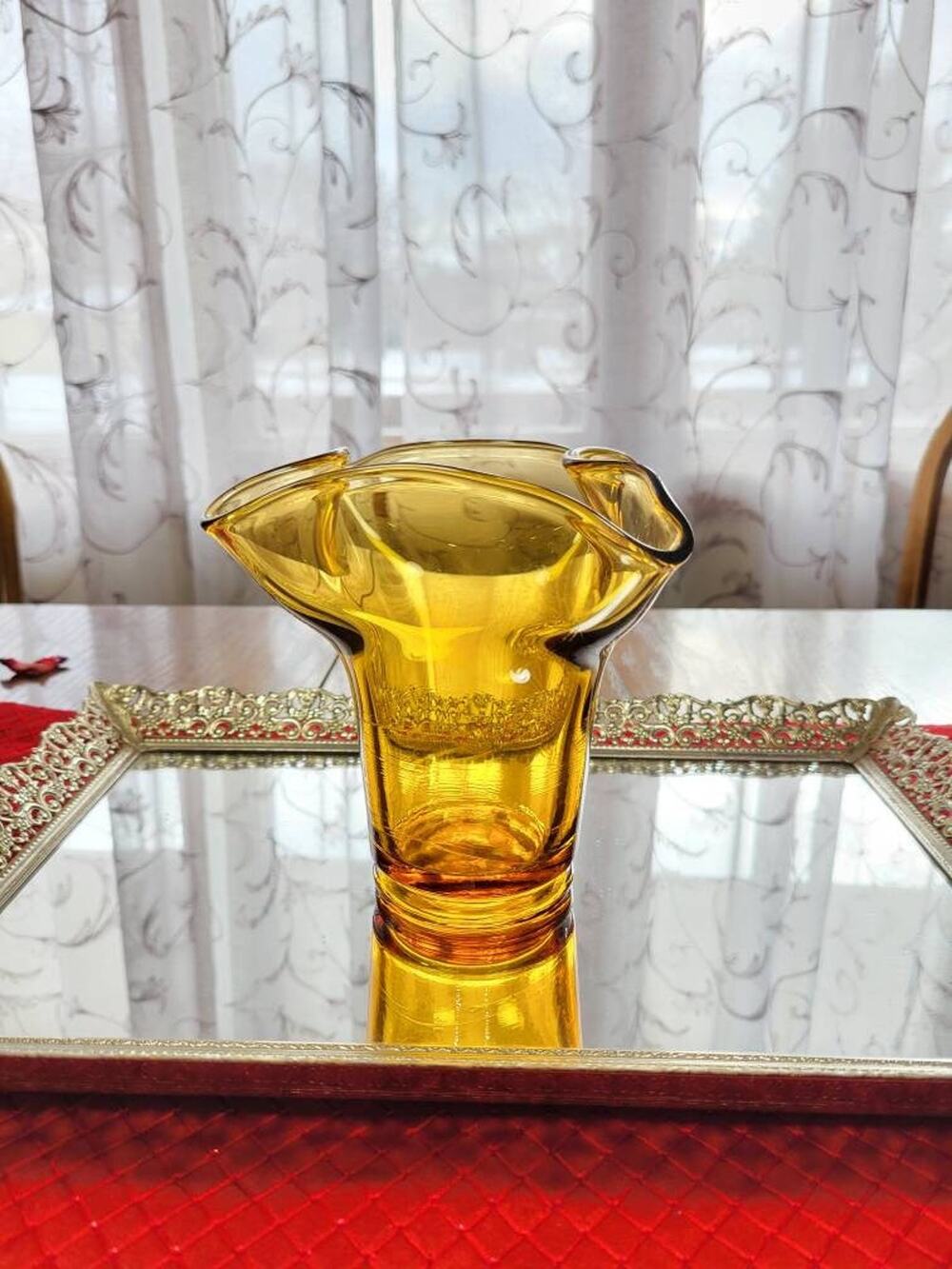 Vintage Amber Glass Handkerchief Vase MCM Ruffled Blown Art Glass Fazzoletto 8"